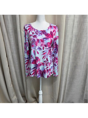 Reel Legends Pink and Purple Leaf Print Long Sleeve Top Size L
